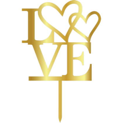 Връх за торта "Love - с две сърца" - златен